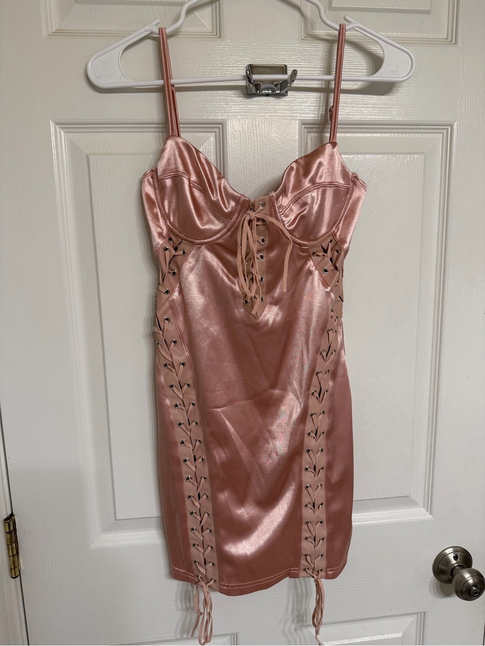 Size Small - Satin Lace-Up Slip Dress in Blush Pink